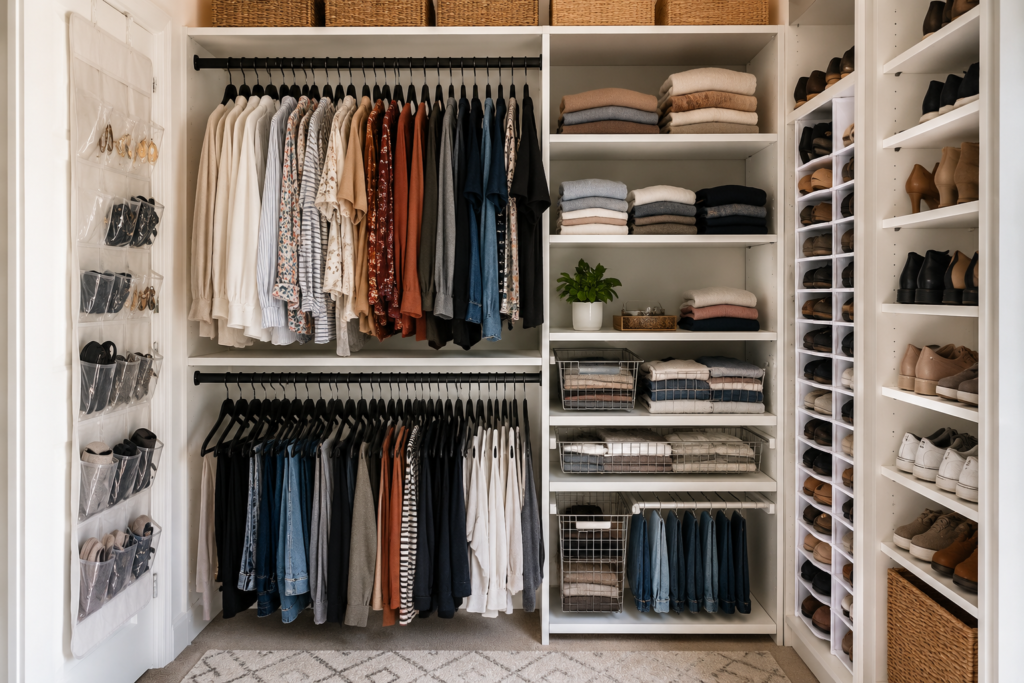 Organized closet with double hanging rods, slim hangers, shoe shelves, vertical folded clothes, and space-saving storage solutions