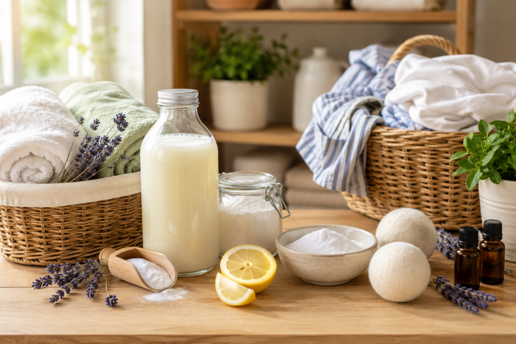 DIY natural laundry essentials with homemade detergent, baking soda, lemon, wool dryer balls, lavender, and folded towels