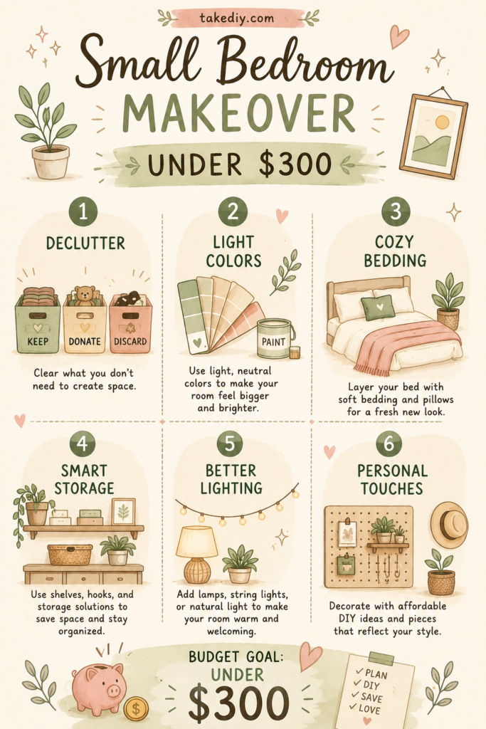 Small bedroom makeover on a budget infographic with DIY decorating tips, smart storage ideas, and under $300 budget checklist