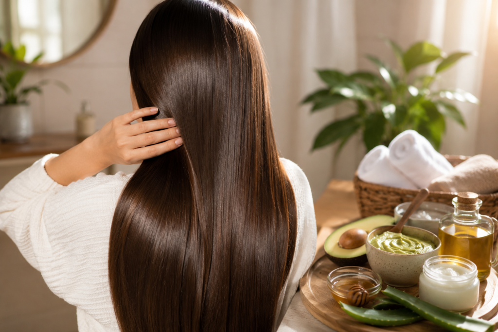 Healthy, shiny hair after using a natural hair mask for dry hair made with avocado, coconut oil, honey, and aloe vera.