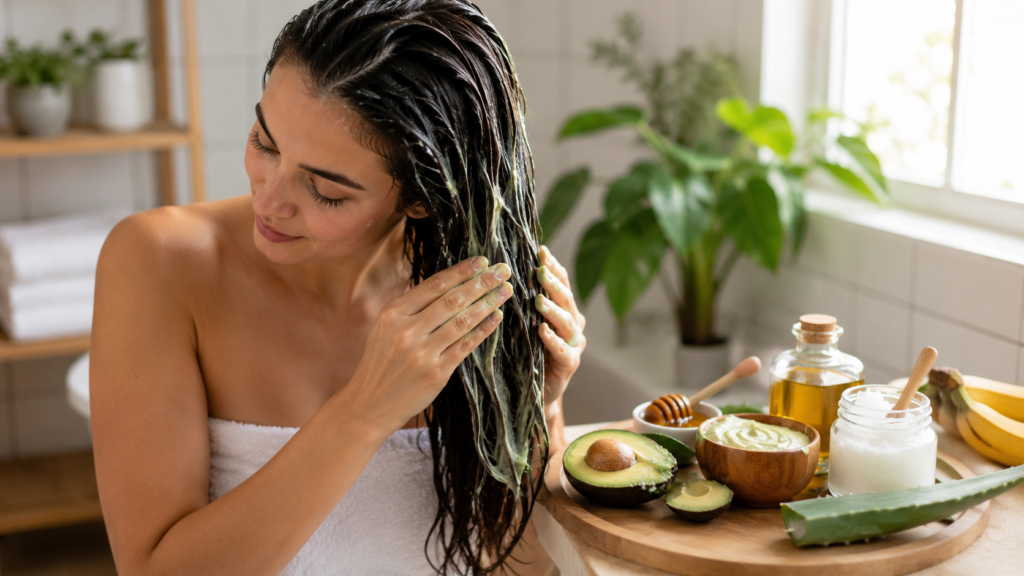 Woman applying a natural hair mask for dry hair made with avocado, coconut oil, honey, and aloe vera in a bright bathroom.