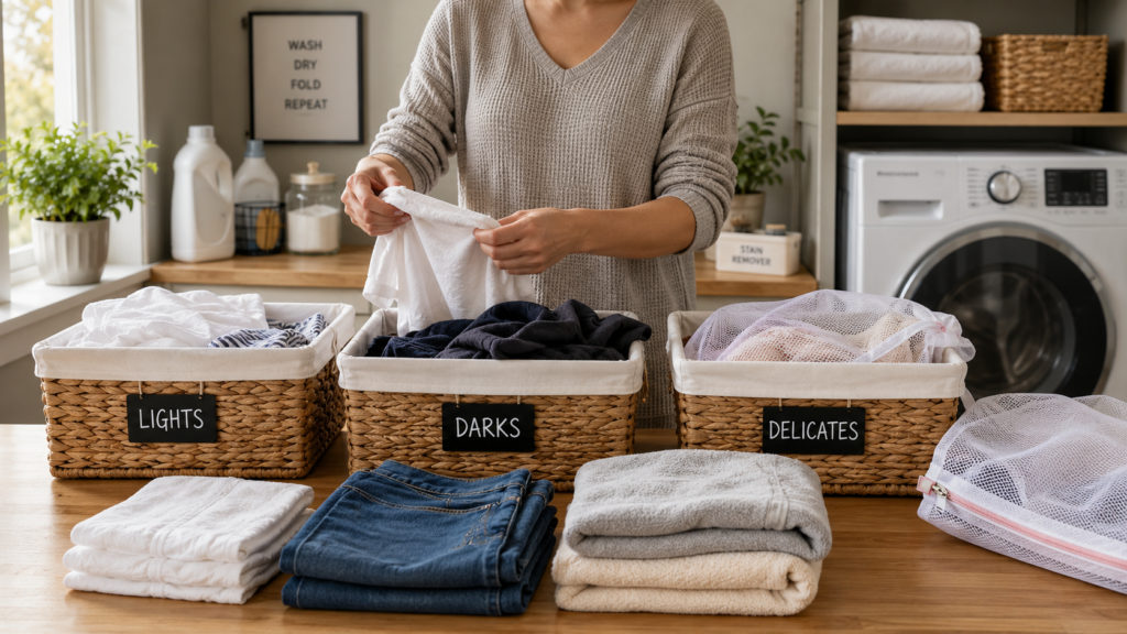 Sorting clothes into lights, darks, and delicates using laundry baskets before washing.