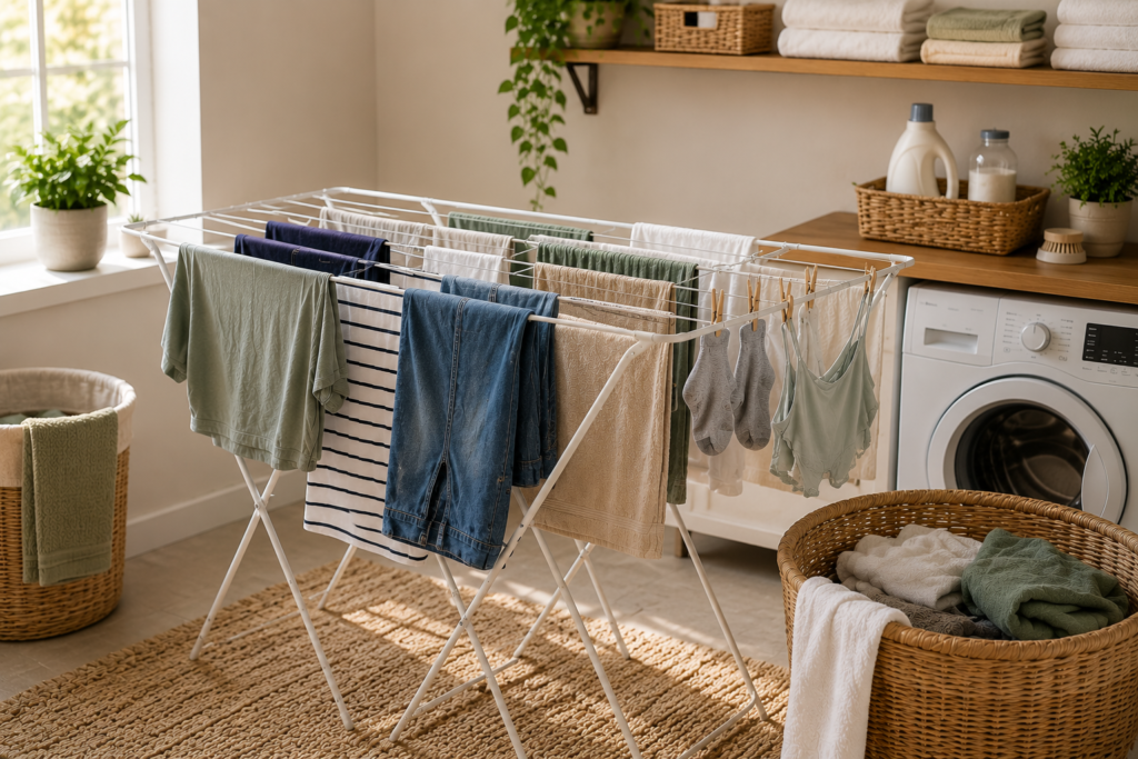 Clothes drying naturally on an indoor drying rack in a clean and organized laundry room.