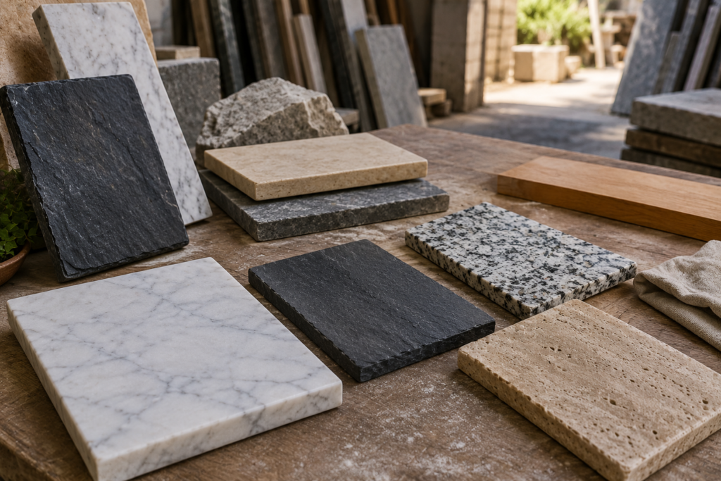 Natural marble, slate, granite, and travertine stone samples displayed on a workshop table for choosing materials for DIY stone placemats.