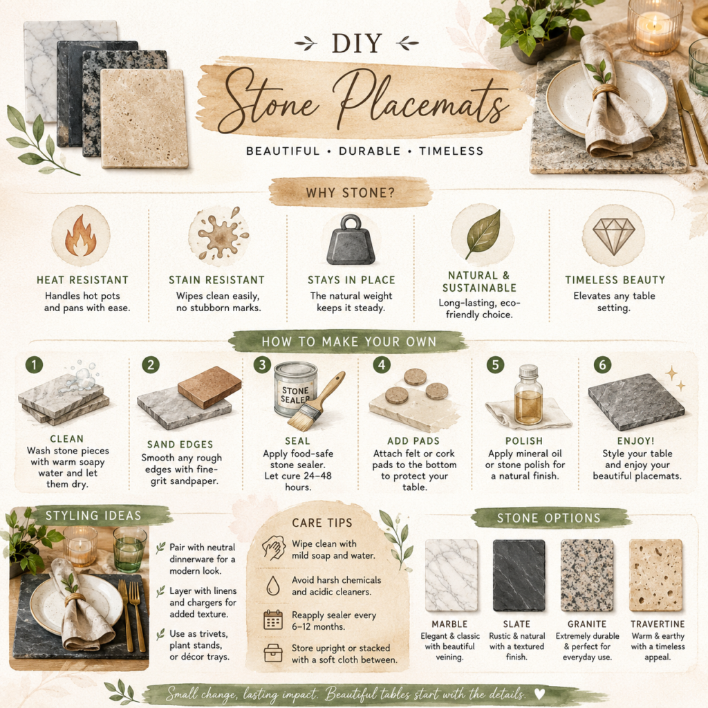 DIY stone placemats infographic showing stone material options, step-by-step assembly, styling ideas, care tips, and the benefits of natural stone placemats for home decor.
