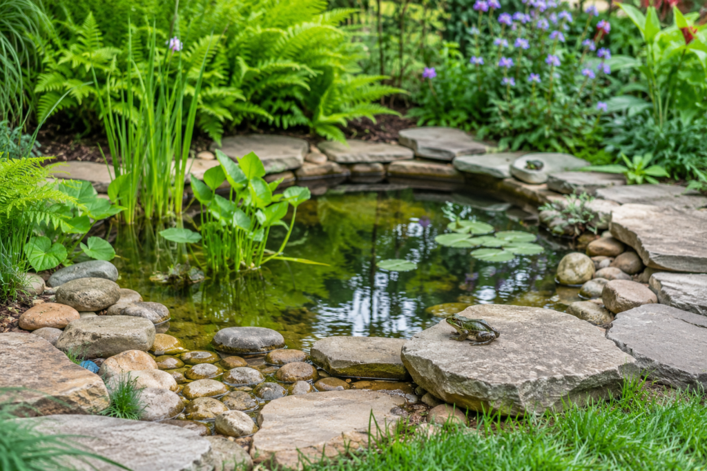 Small backyard garden pond surrounded by natural stones, aquatic plants, and lush greenery, creating a safe and inviting water source for frogs and other beneficial wildlife.