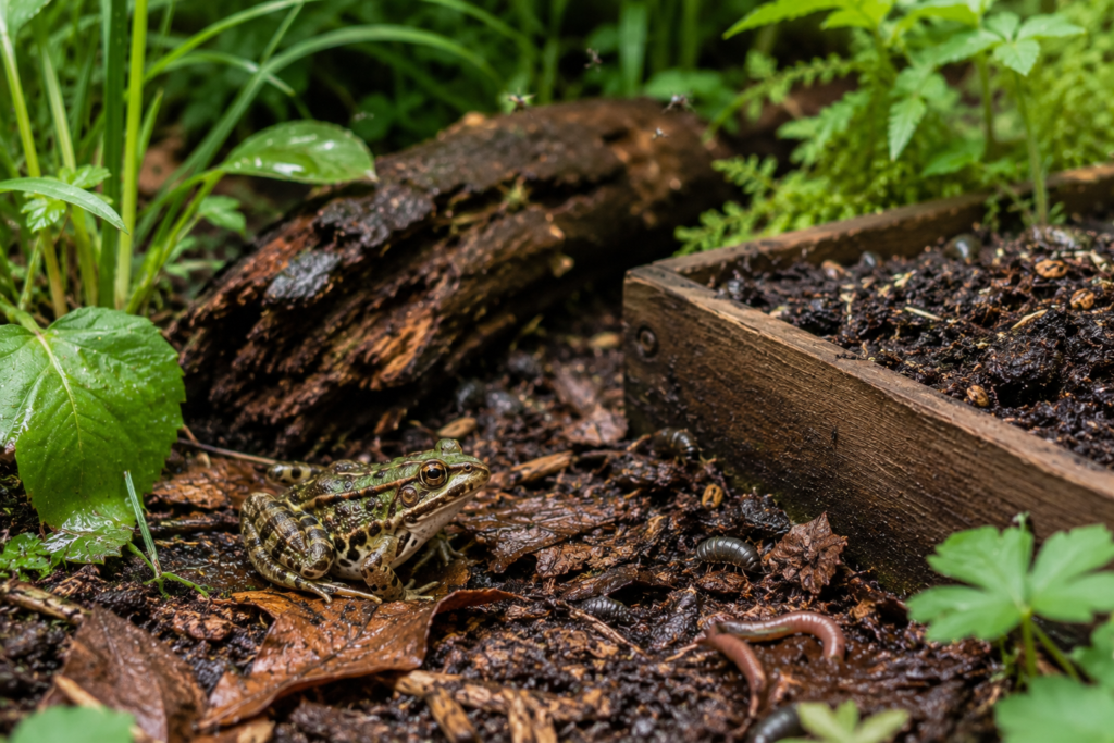Frog resting on damp leaf litter and compost surrounded by natural garden plants, creating a healthy habitat with abundant food sources for backyard wildlife.