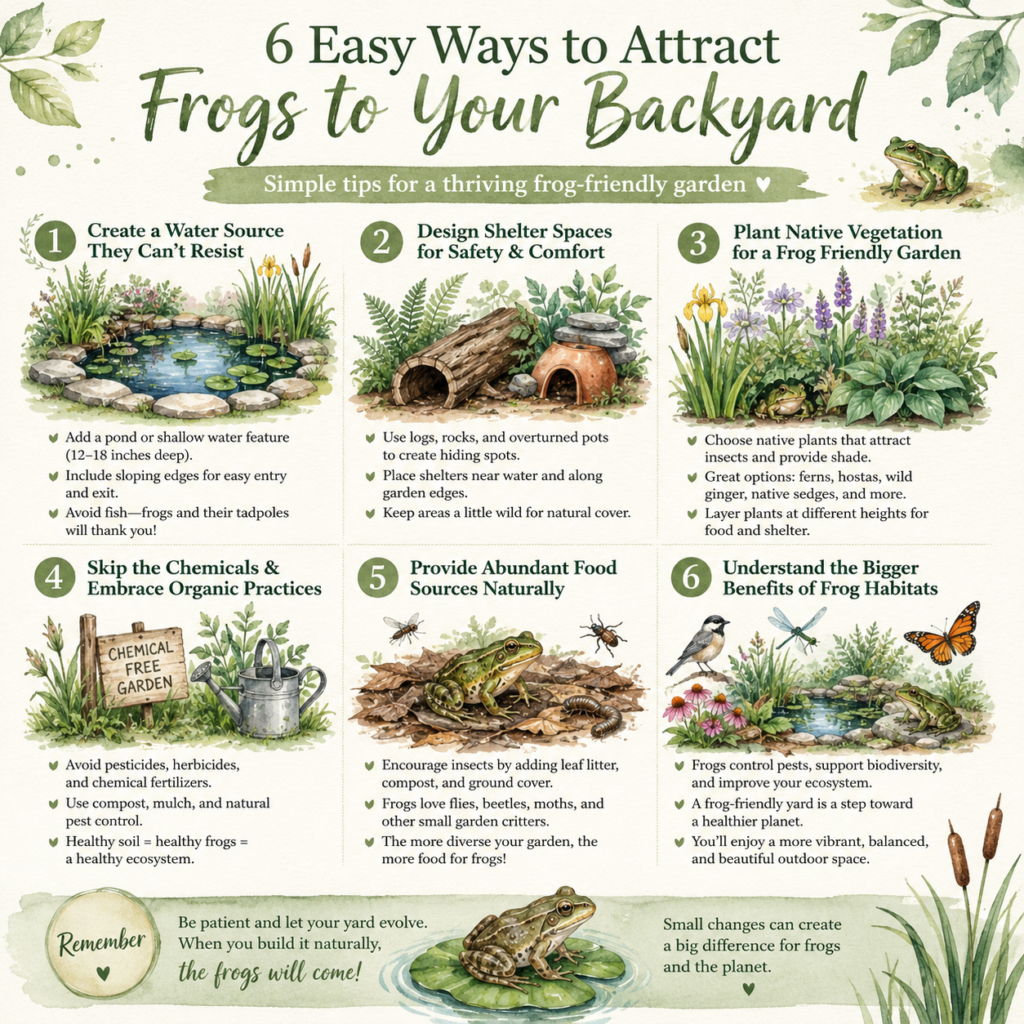 Frog-friendly backyard infographic showing six simple ways to attract frogs with water features, native plants, shelter, natural food sources, organic gardening, and wildlife-friendly habitat tips.
