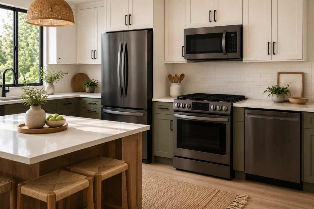 Modern two-tone kitchen with white upper cabinets, olive green lower cabinets, stainless steel appliances, quartz countertops, natural wood island, and minimalist decor.