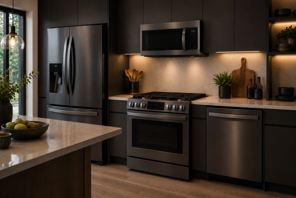 Luxury modern kitchen featuring premium stainless steel appliances, matte black cabinets, a quartz island, warm under-cabinet lighting, and elegant contemporary finishes.