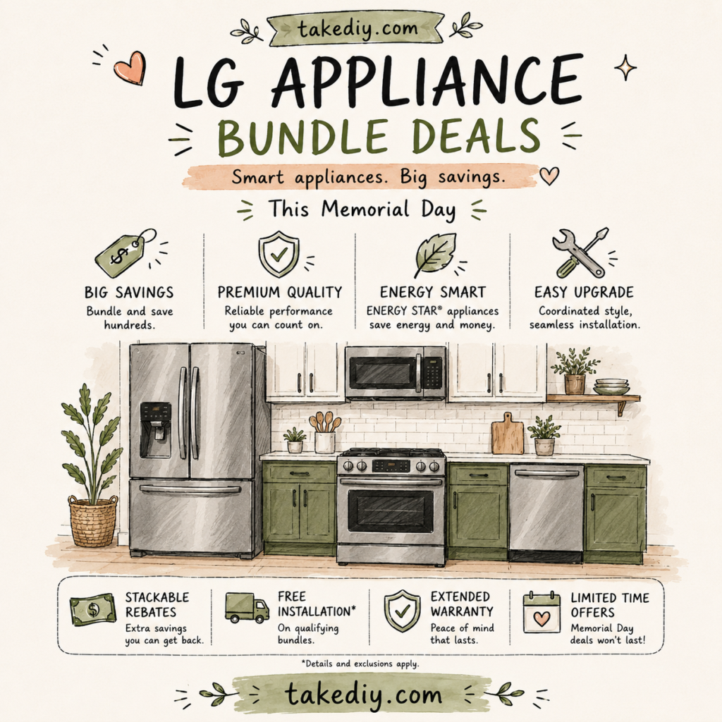Hand-drawn infographic featuring LG appliance bundle deals with a modern kitchen illustration, highlighting smart savings, premium appliances, energy efficiency, installation benefits, and Memorial Day shopping tips.