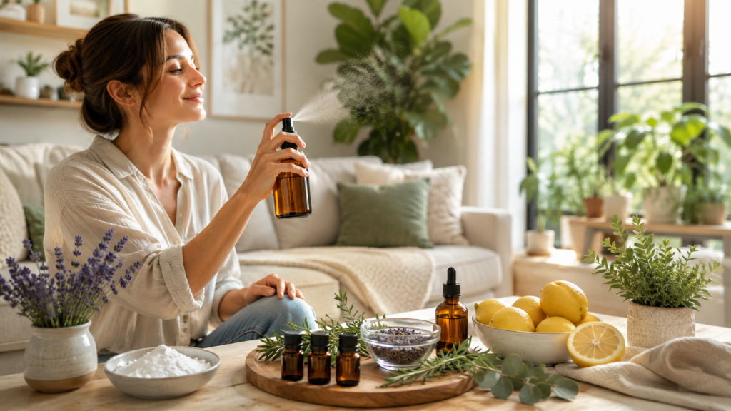 Woman using a homemade natural air freshener made with essential oils in a bright modern living room surrounded by fresh botanical ingredients.