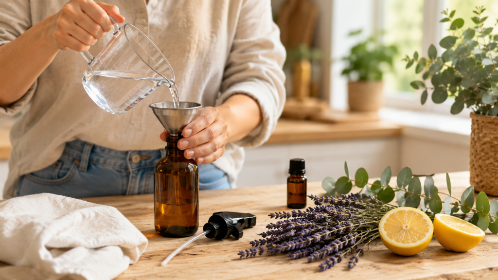Finished collection of homemade natural air fresheners with essential oils, reed diffuser, spray bottle, and fresh botanical ingredients on a wooden tray.
