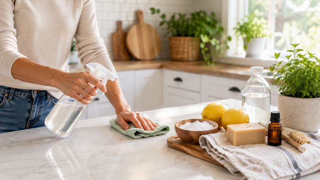 Person cleaning a kitchen countertop with a homemade natural cleaner made from lemons, baking soda, vinegar, and essential oils.