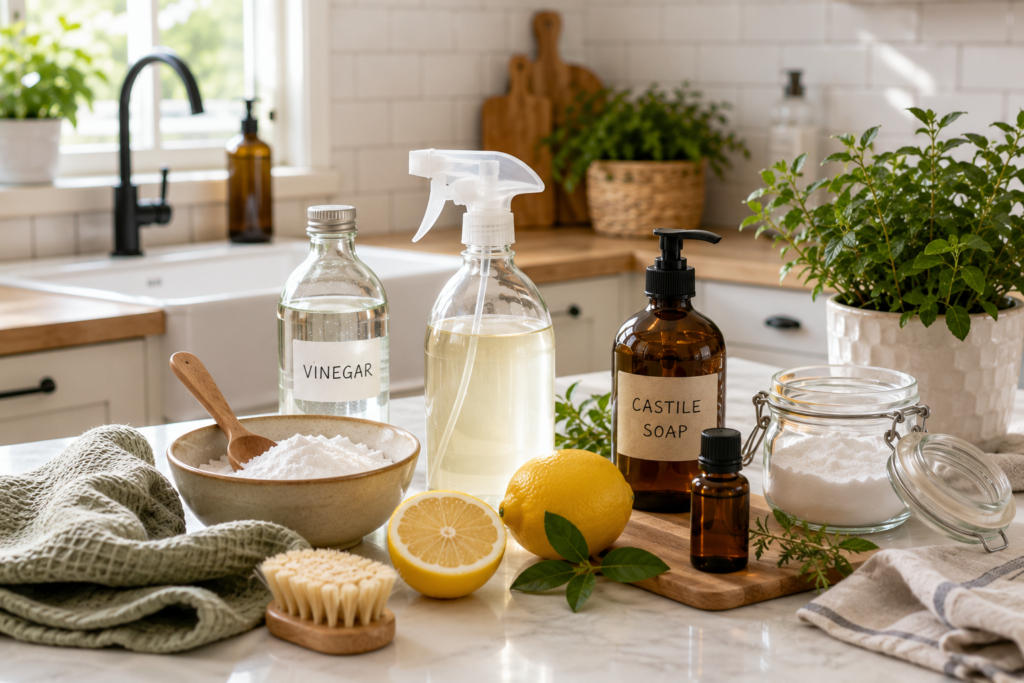 Homemade eco-friendly cleaning ingredients including vinegar, baking soda, lemons, castile soap, and reusable glass spray bottles on a clean kitchen countertop.