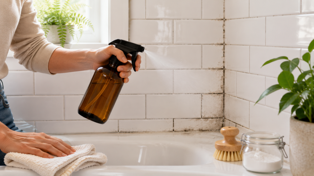 Person spraying a homemade natural mold and mildew cleaner on bathroom tiles using a reusable glass spray bottle.