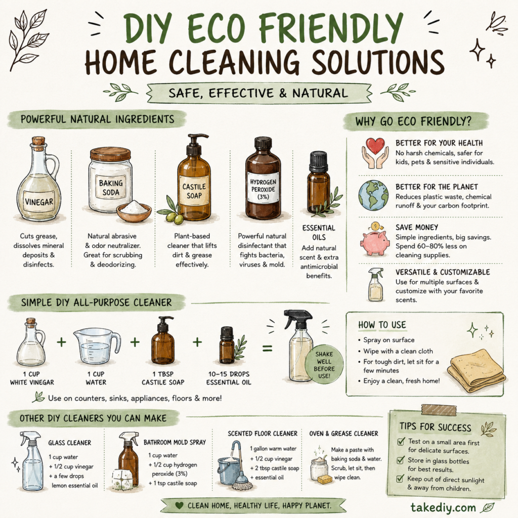 Hand-drawn infographic showing DIY eco-friendly home cleaning solutions made with natural ingredients including vinegar, baking soda, castile soap, and essential oils.