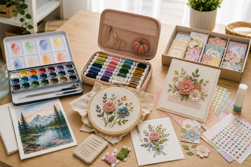 Beginner watercolor, embroidery, and paper craft kits displayed side by side to compare creative project options