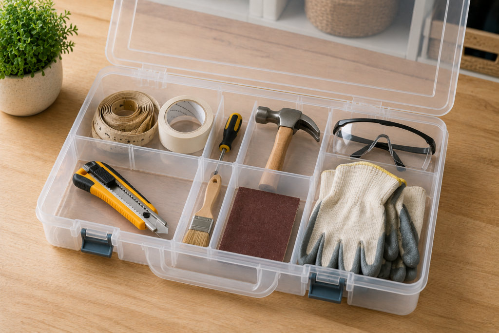 Clear divided storage organizer with essential DIY tools for beginners including paint brushes, safety glasses, gloves, measuring tape, screwdriver, hammer, masking tape, and sandpaper