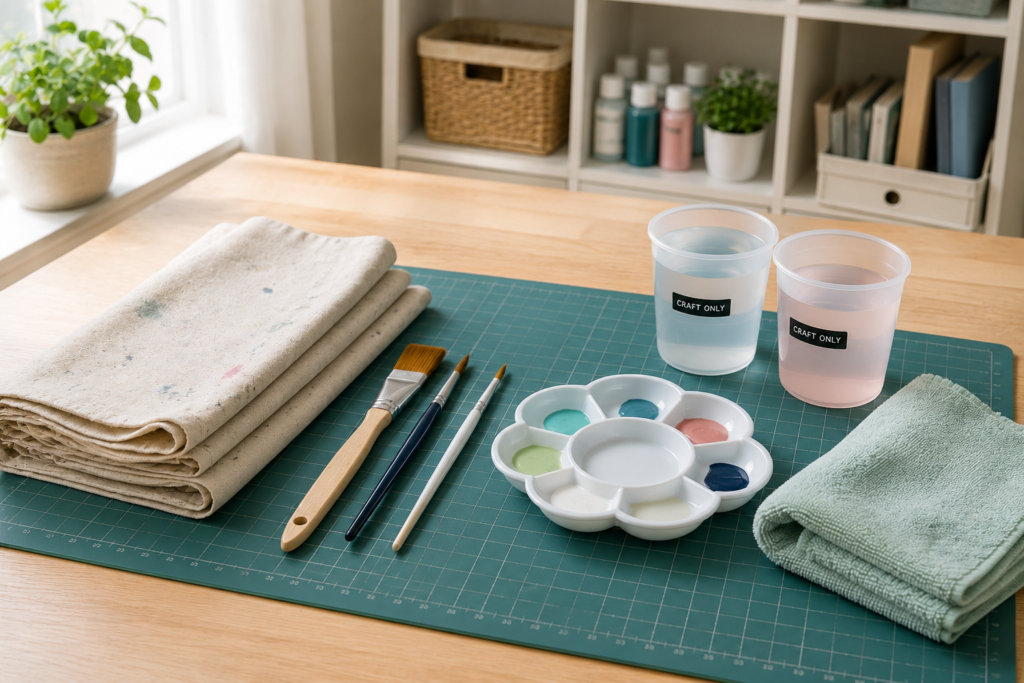 Reusable DIY workspace with a craft mat, paint brushes, washable drop cloth, paint palette, and cleaning cloth for beginner projects