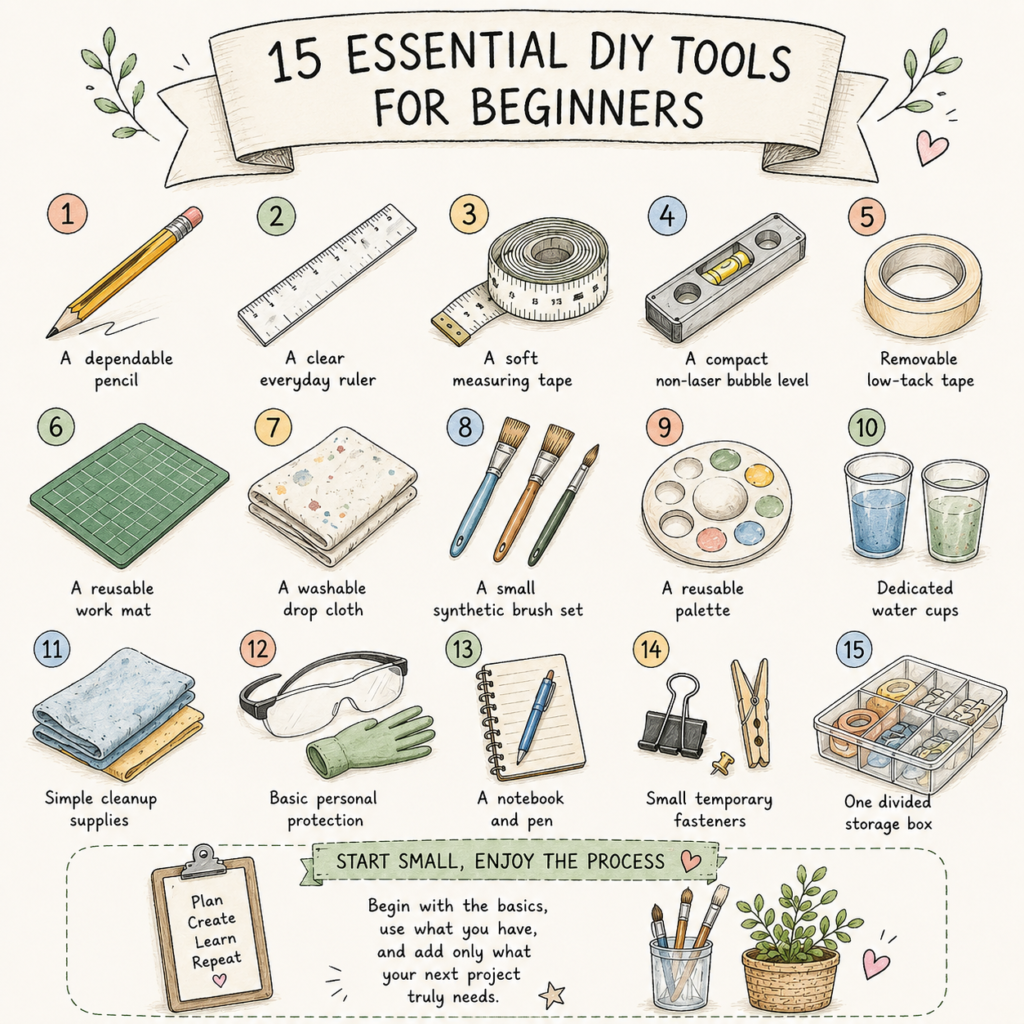 Hand-drawn infographic showing the 15 essential DIY tools for beginners including measuring tools, painting supplies, safety gear, storage, and basic craft essentials
