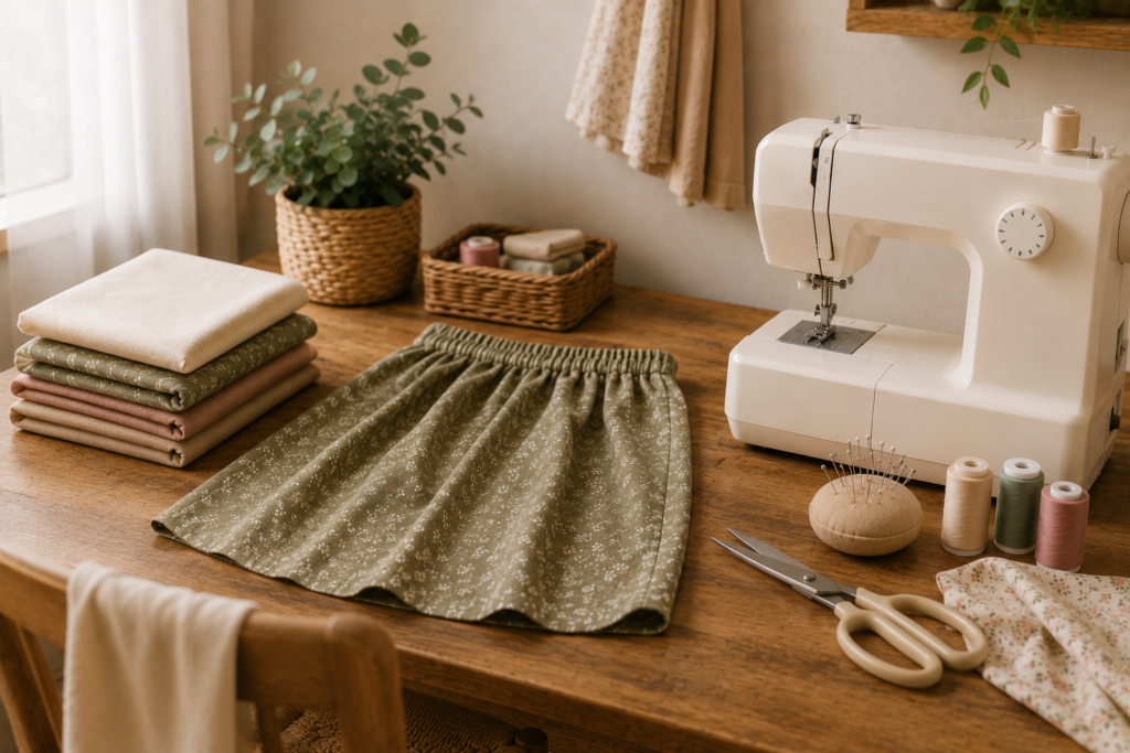 Organized beginner sewing workspace with a sewing machine, folded fabric, handmade skirt, thread spools, and sewing tools on a wooden table in natural daylight.