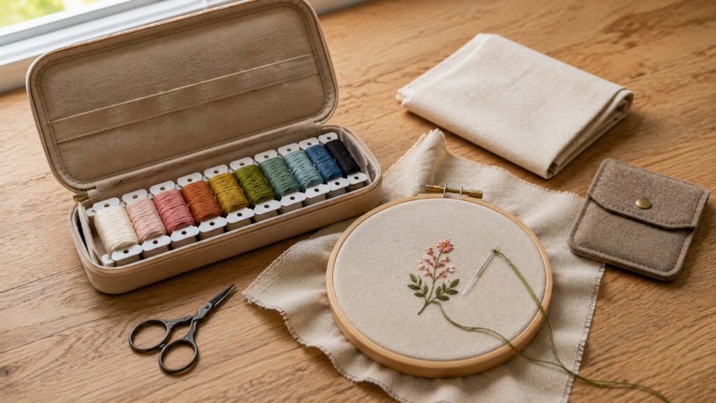 Beginner embroidery kit with embroidery hoop, colorful embroidery floss, fabric, and organized stitching supplies on a wooden table