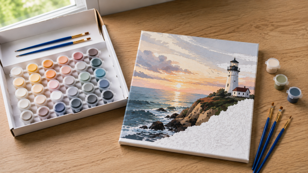Paint-by-number kit with partially completed canvas, paint pots, and brushes on a wooden table