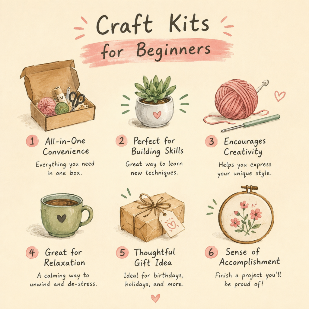 Hand-drawn infographic comparing the benefits of beginner craft kits with watercolor-style illustrations