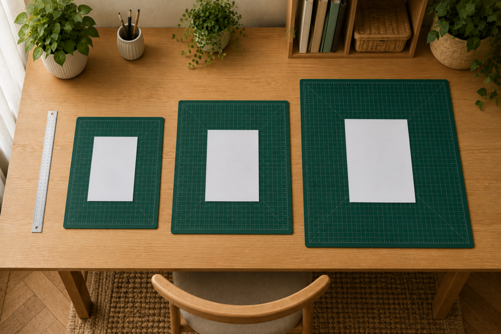 Different cutting mat sizes arranged on a craft workspace to help measure and choose the right fit for a DIY desk