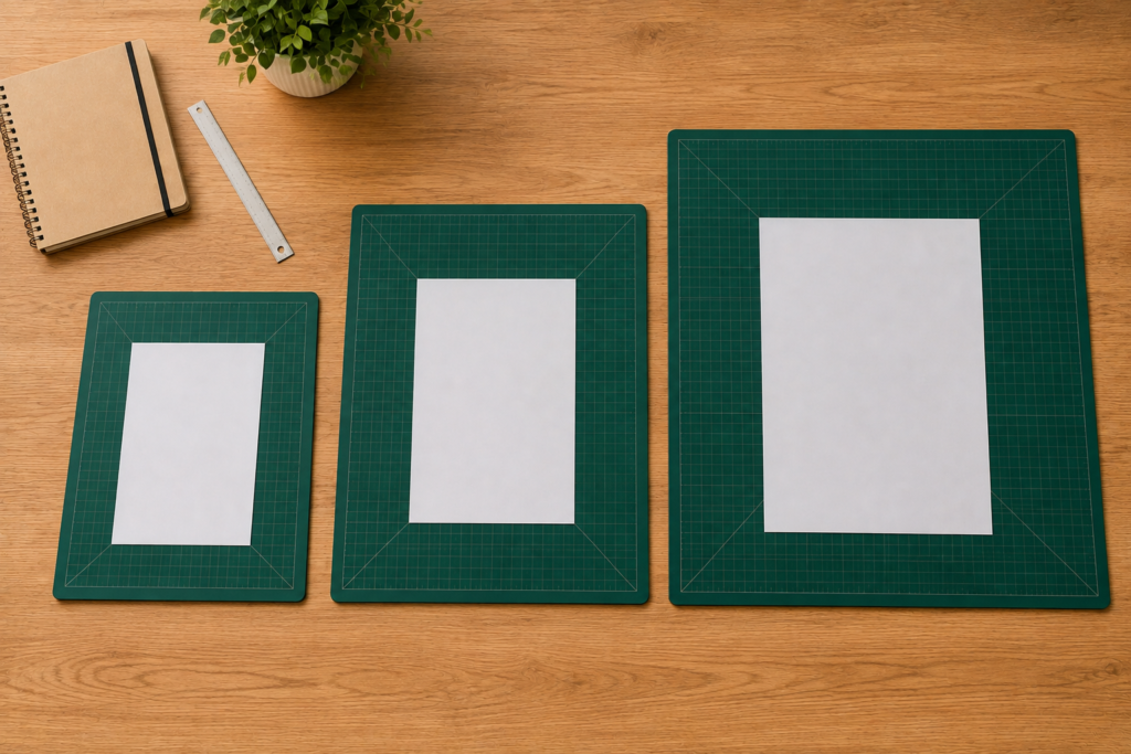 Small, medium, and large cutting mats compared on a wooden craft workspace with the same paper size for scale