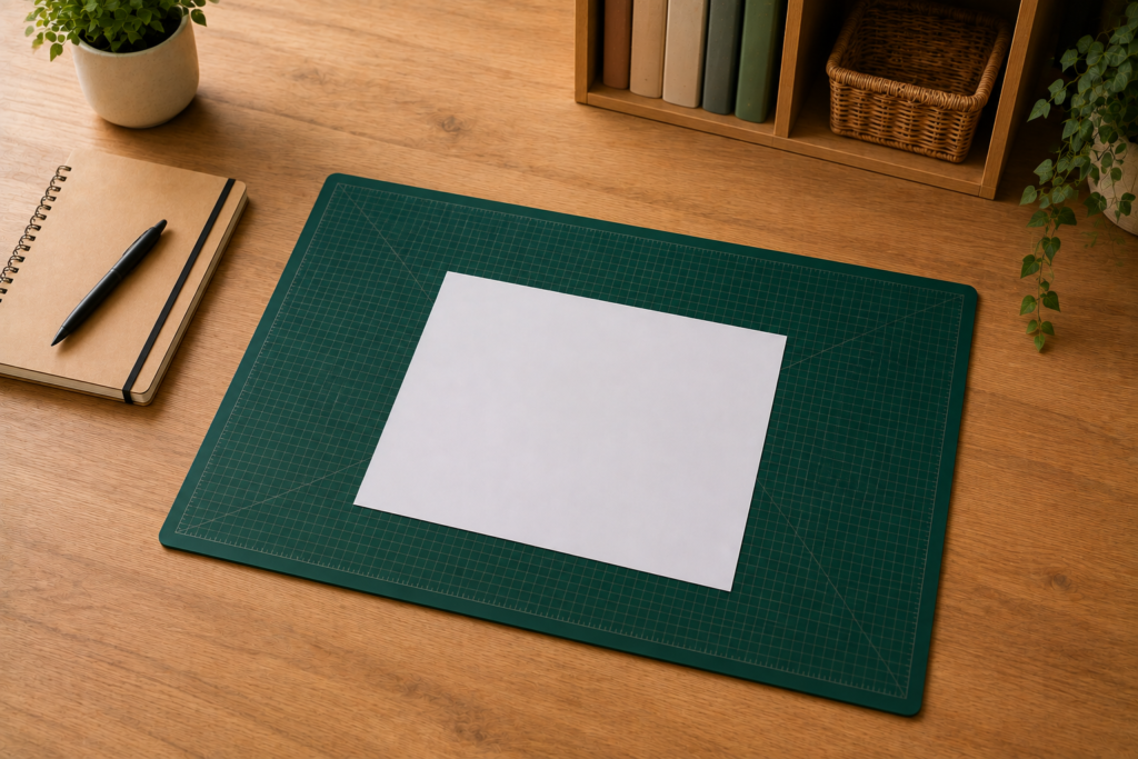 Flat self-healing cutting mat on a wooden craft desk with paper and basic workspace supplies ready for DIY projects