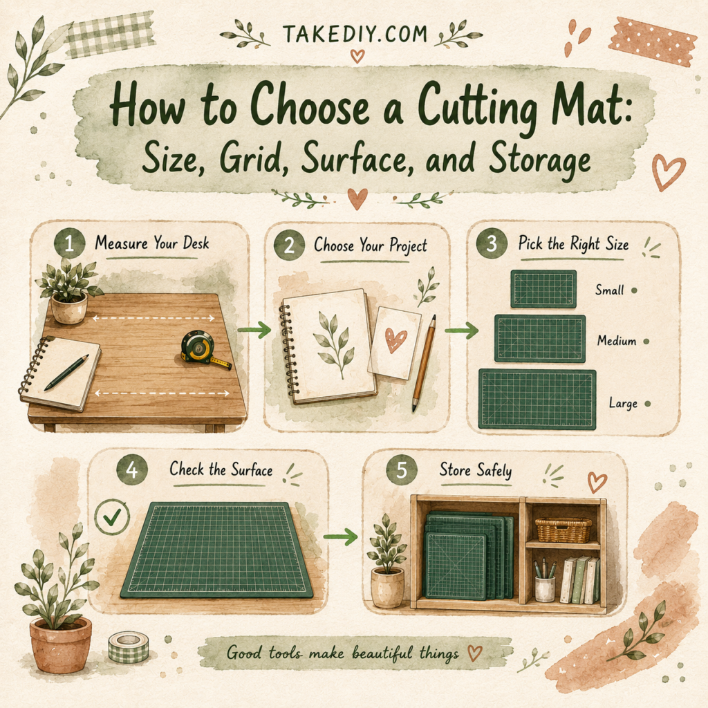 Hand-drawn watercolor infographic showing how to choose a cutting mat by comparing size, grid, surface quality, and storage tips for DIY projects