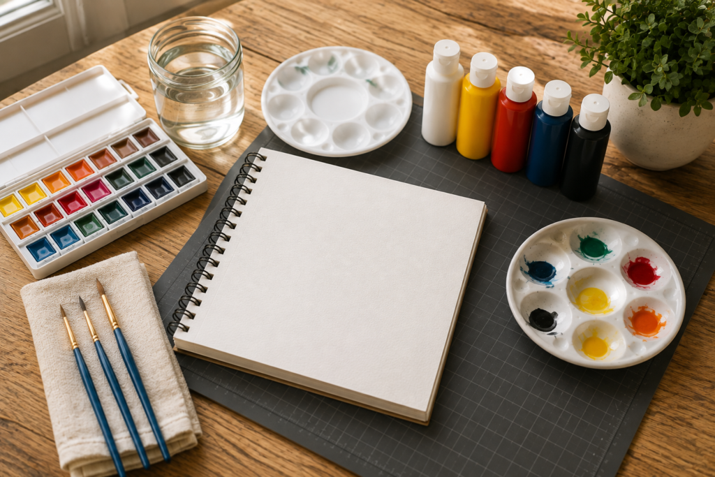 Painting supplies for DIY projects arranged on a wooden desk with brushes, watercolor palette, acrylic paints, sketchbook, and mixing palette
