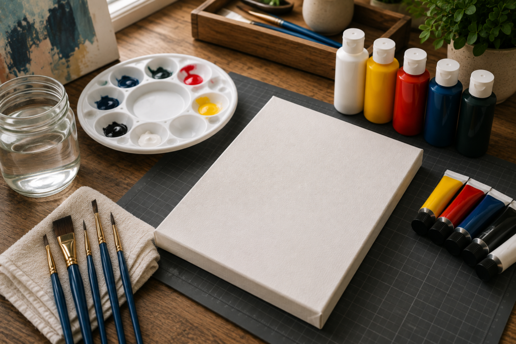 Painting supplies for DIY projects arranged for canvas painting with acrylic paints, synthetic brushes, palette, water jar, and blank canvas panel