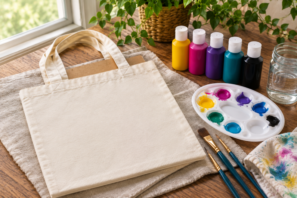 Painting supplies for DIY projects arranged for fabric painting with a blank canvas tote, textile paints, synthetic brushes, palette, and water jarPainting supplies for DIY projects arranged for fabric painting with a blank canvas tote, textile paints, synthetic brushes, palette, and water jar