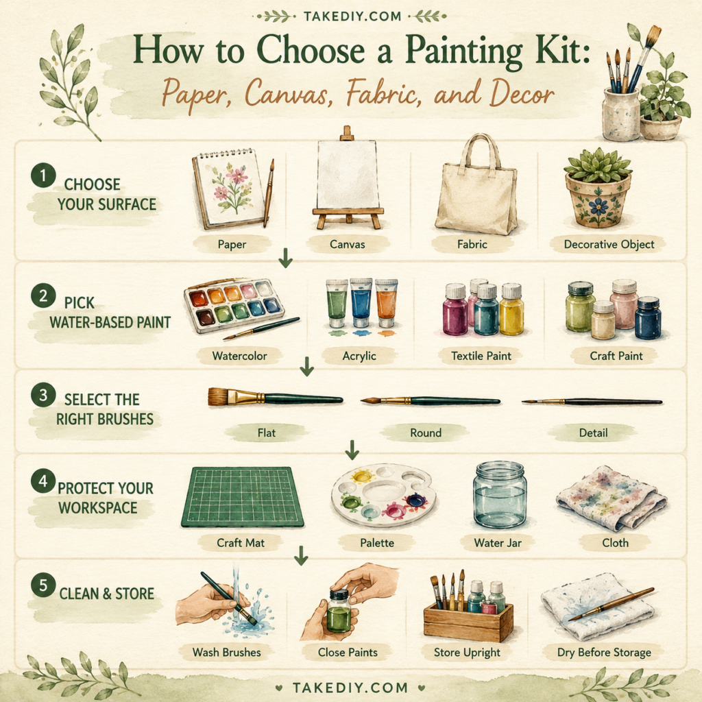 Infographic showing how to choose painting supplies for DIY projects by surface, paint type, brushes, workspace protection, and storage